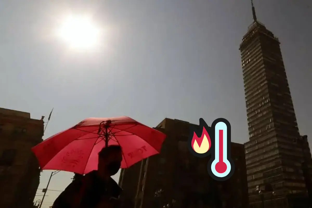 Fondo, alta temperatura en CDMX, persona cubriéndose con sombrilla y termómetro alto. Foto: Temp Maya y Canva | Canva