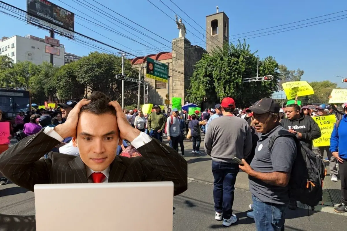 Comerciantes en marcha a la SEDECO y una persona estresada en la parte inferior izquierda.   Foto: Ramón Ramírez I Canva