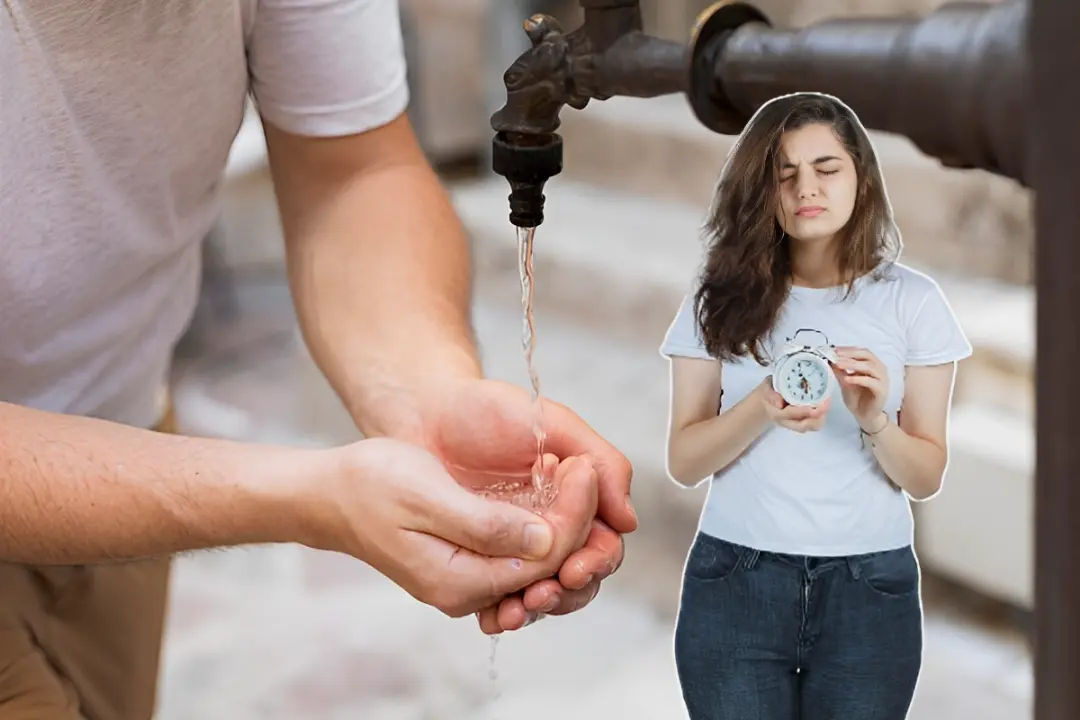 Persona frente a una llave de agua y una mujer al frente sosteniendo un reloj.   Foto: Freepik | Canva