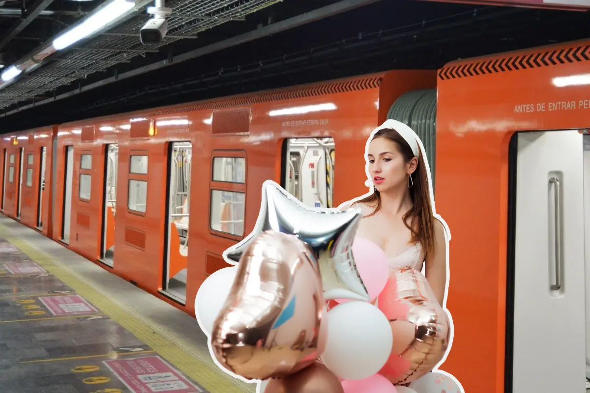 De fondo el Metro de CDMX, persona con globos. Foto: X @MetroCDMX | Canva