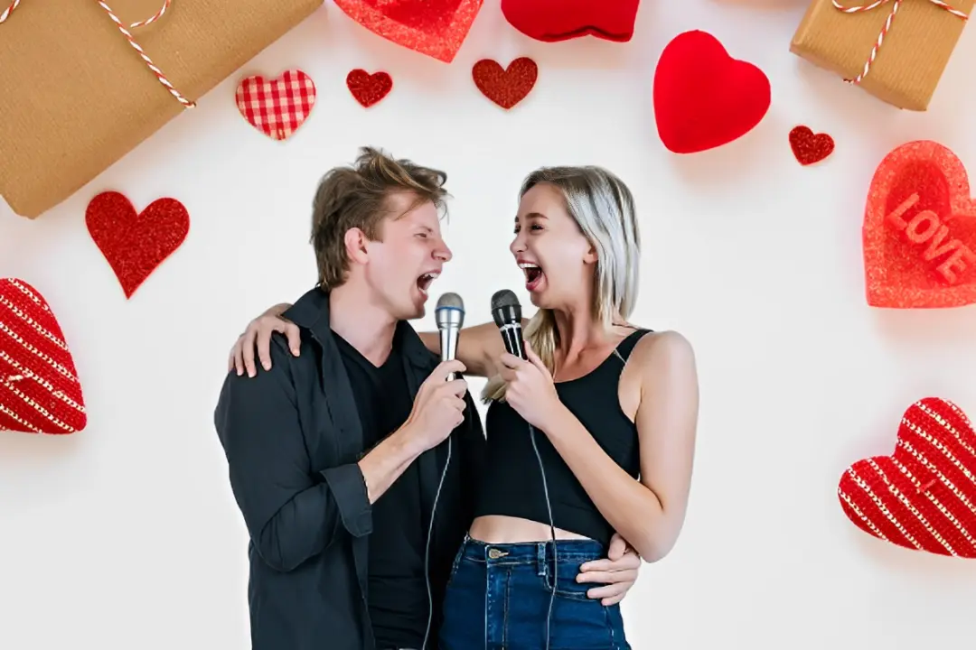 Pareja de personas cantando y de fondo corazones y cartas.    Foto: Freepik | Canva