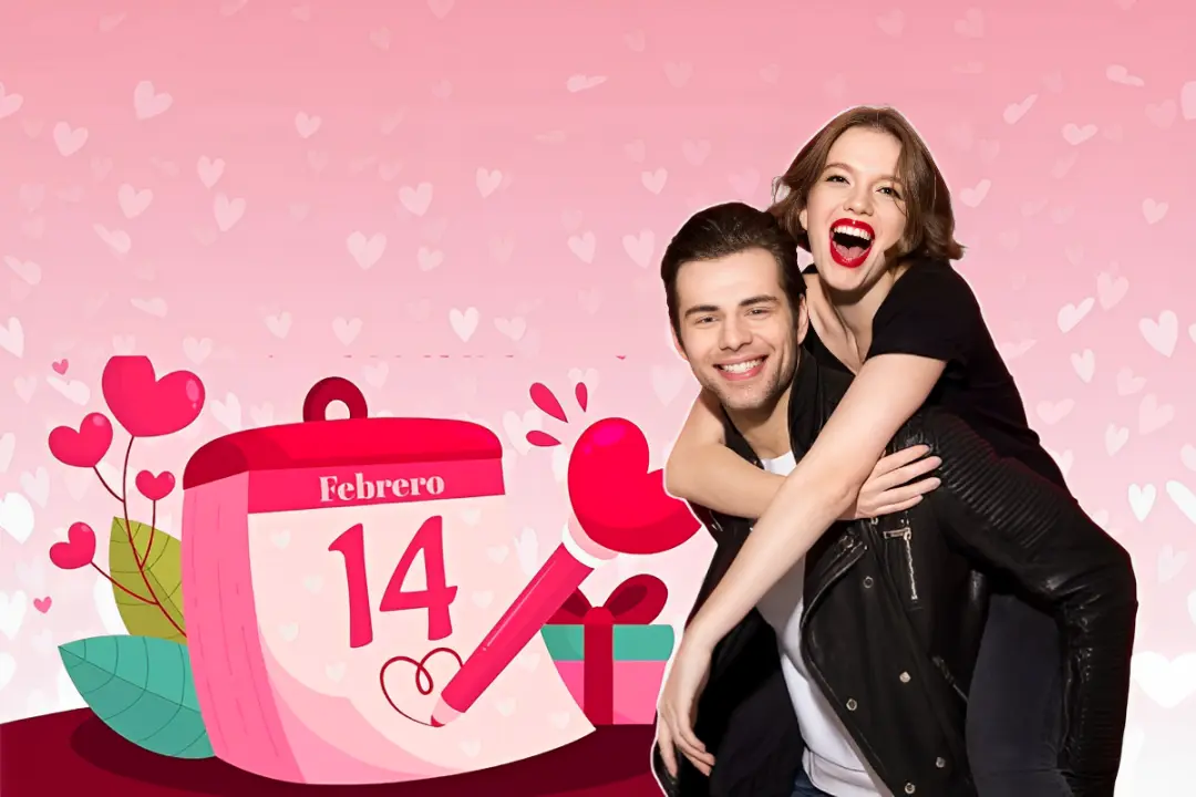 Pareja de novios sonriendo, calendario del 14 de febrero y fondo rosa con corazones blancos.     Foto: Freepik | Canva