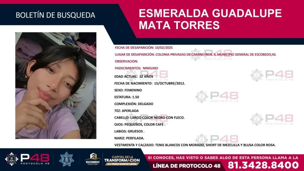 Activan búsqueda por menor de 12 años desaparecida en Escobedo