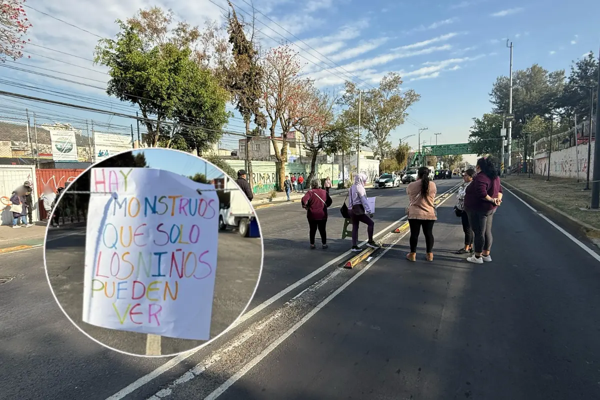 Padres de familia manifestándose en Eduardo Molina y en la parte inferior izquierda, un cartel de la protesta.    Foto: Ramón Ramírez | Canva