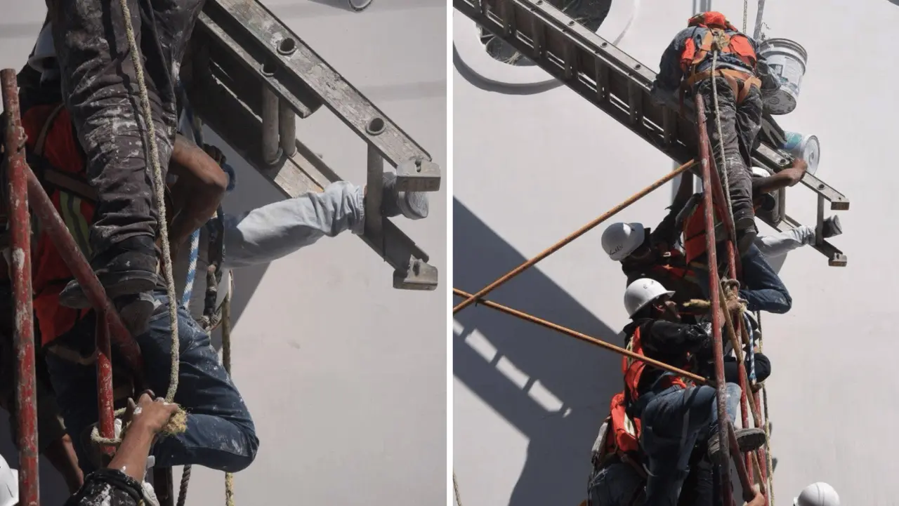 Trabajador queda colgando de andamio en Veracruz. Foto: Rosalinda Morales.