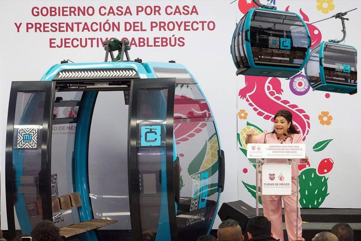 De fondo Cablebús de CDMX y Clara Brugada. Foto: Gobierno CDMX l Canva