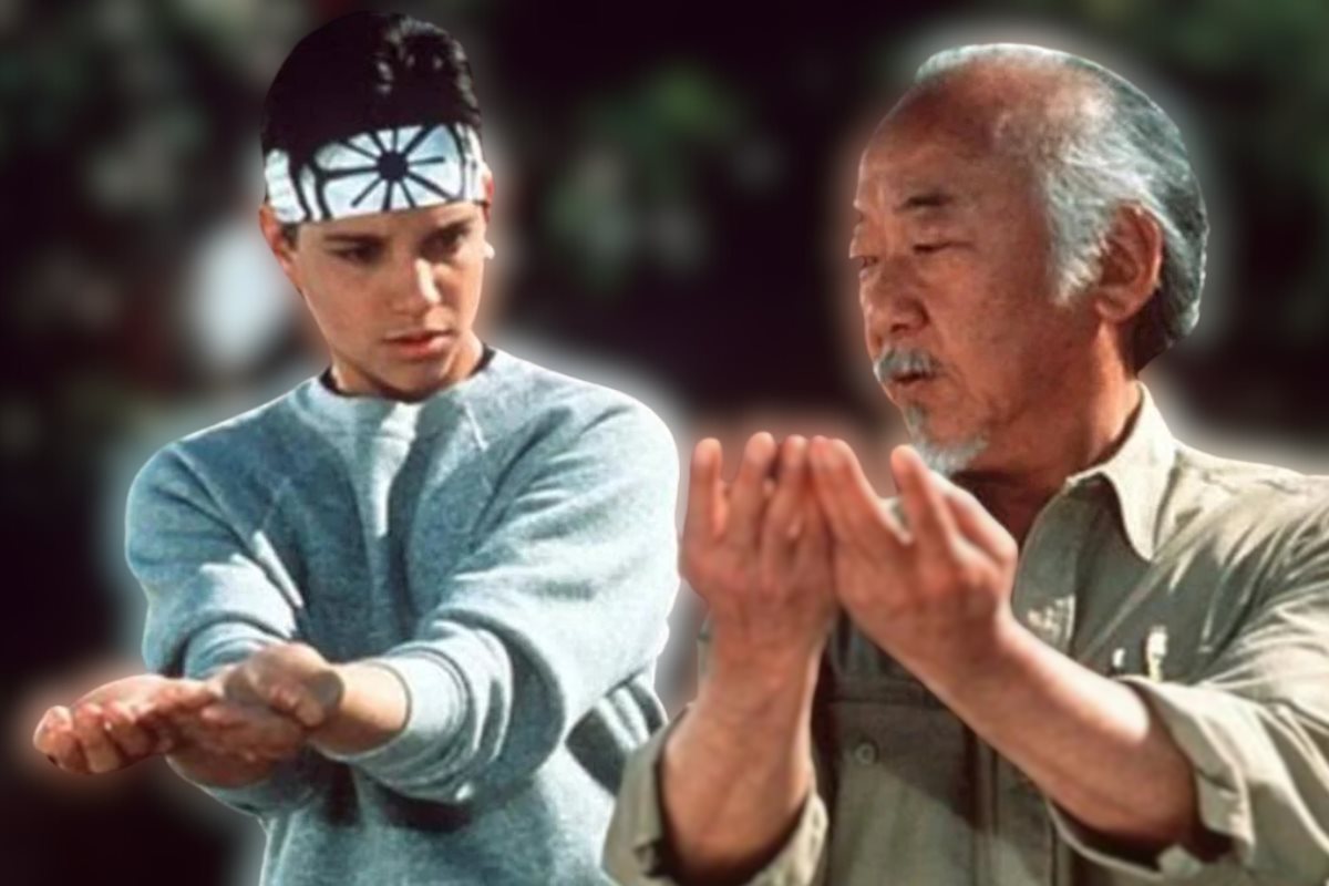 Daniel LaRusso (Ralph Macchio) entrenando con el Sr. Miyagi (Pat Morita) en una de las icónicas escenas de The Karate Kid. (Foto: Canva / YouTube / 1986 Columbia Pictures Industries, Inc. All Rights Reserved / Sony Pictures)