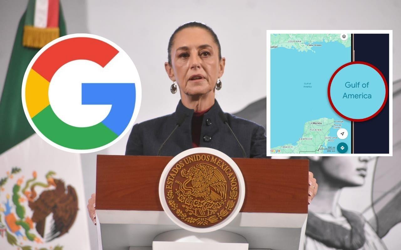 Claudia Sheinbaum, logo de Google y Golfo de América. Foto: Enrique Pérez Huerta / Google / X (@WhiteHouse)