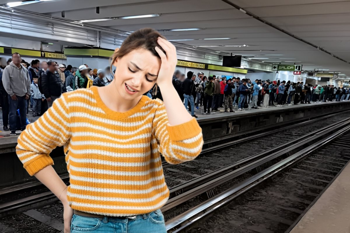 Personas esperando el Metro en la Línea 3 y al frente una mujer estresada.     Foto: X (@Arteaga10986) | Freepik | Canva