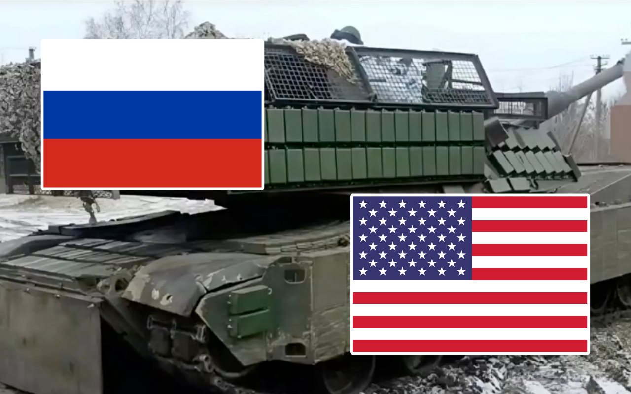 Tanque y banderas de Rusia y EEUU. Foto: Canva / X (@andriy_ht)