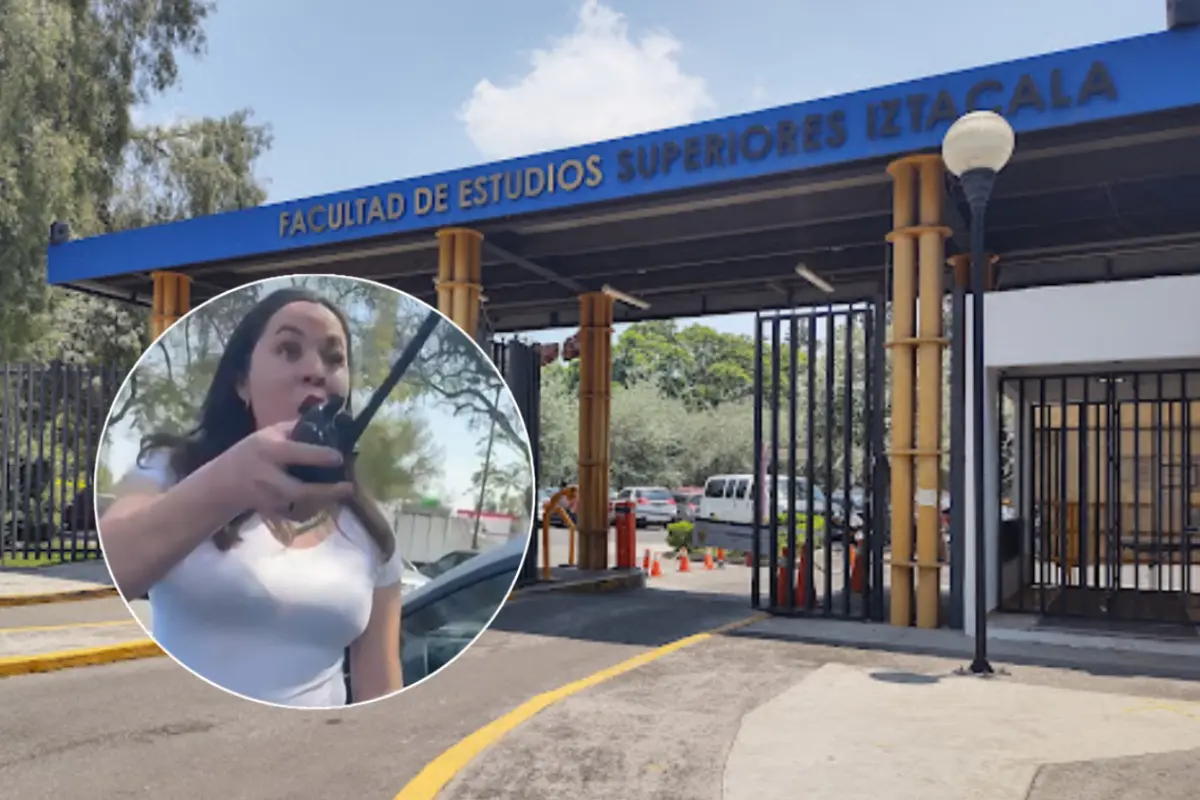 Entrada de la Fes Iztacala de la UNAM e imagen de la vigilante que agredió verbalmente al estudiante. Foto: FB (Aaron Lachowski) | Google Maps | Canva