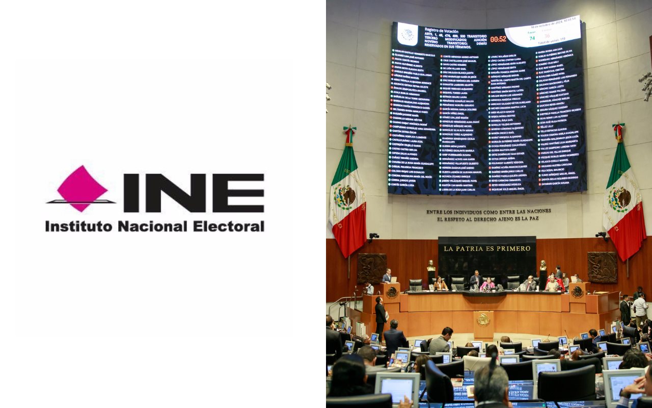 Logo del INE y Pleno de Cámara de Senadores. Foto: INE / Grupo Parlamentario de Morena en el Senado