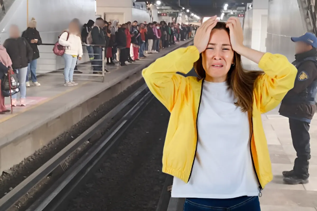 Personas esperando subir al Metro de CDMX y mujer estresada al frente. Foto: X (@MetroCDMX) | Freepik | Canva