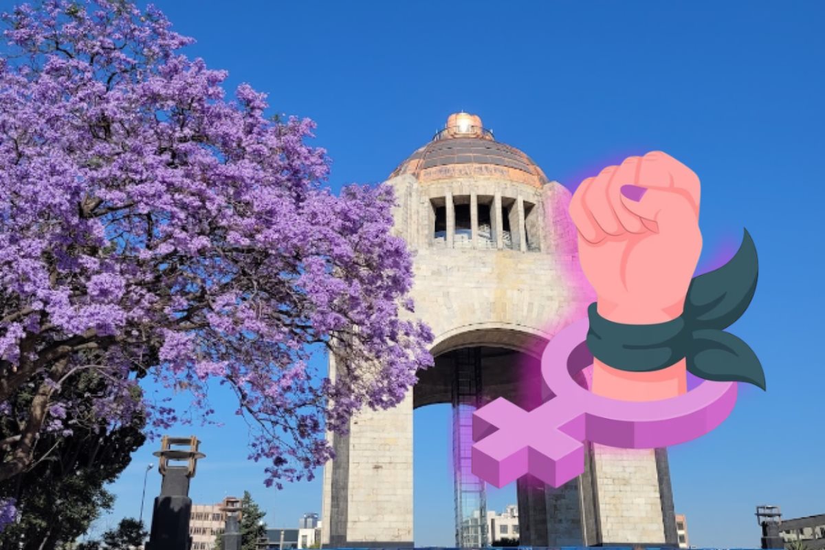 Monumento a la Revolución en CDMX con una ilustración de un puño con elementos feministas.     Foto: Google Maps (Jonathan Hernández) | Freepik | Canva