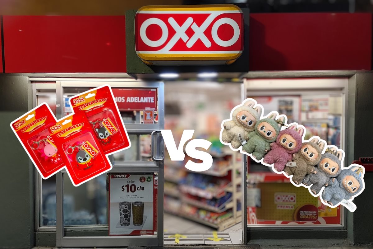 De fondo OXXO, llaveroxxo, labubus e ilustración de vs. Foto: Maps @liaguttman | OXXO y X @altzneren