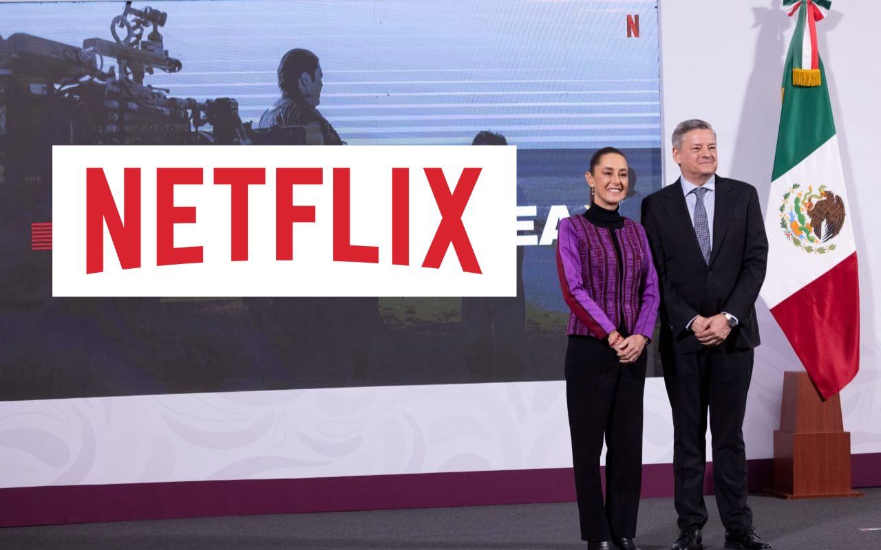 Claudia Sheinbaum, Ted Sarandos y logo de Netflix. Foto: Enrique Pérez Huerta / Netflix