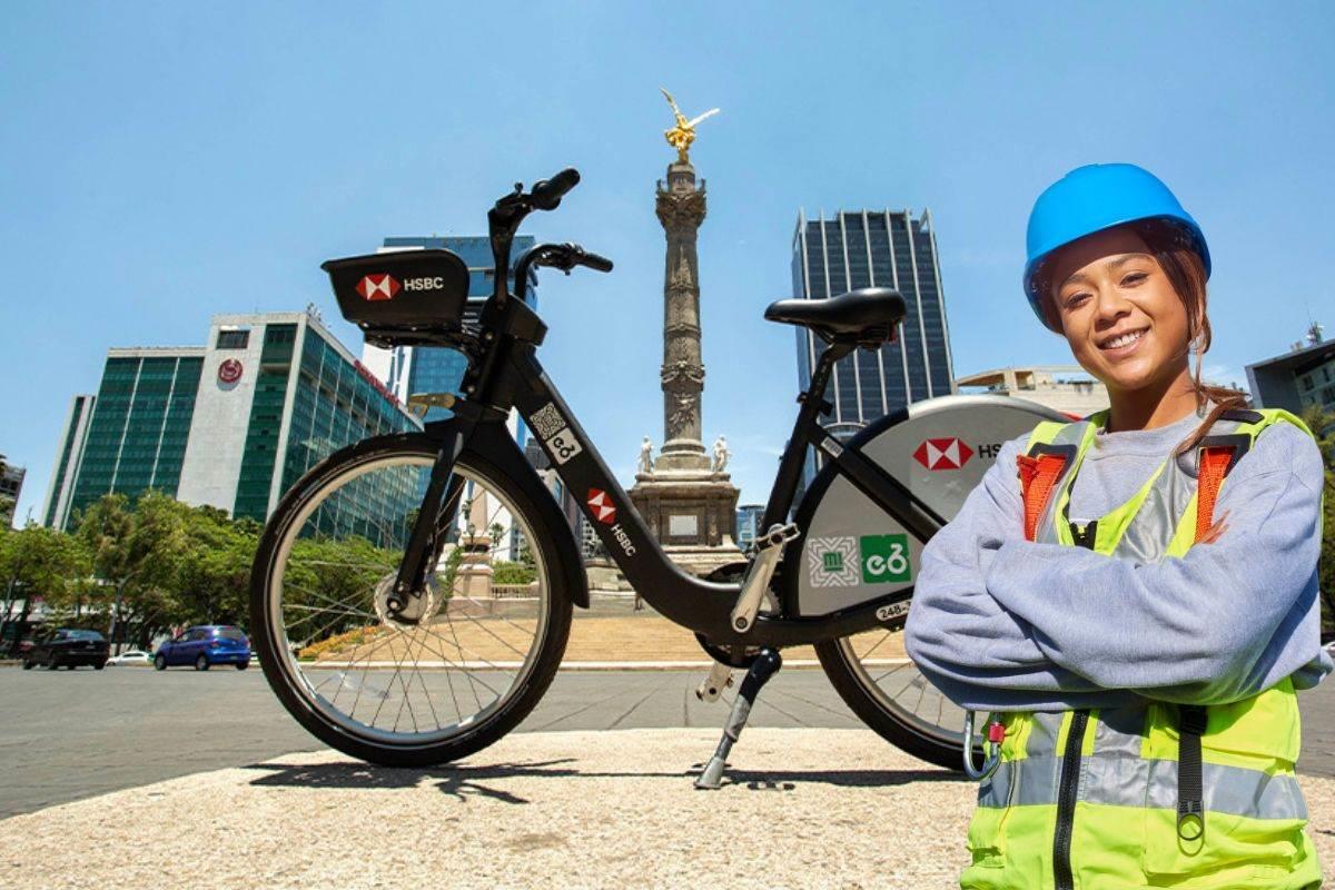 Ecobici estacionada frente al Ángel de la Independencia en CDMX Foto: Ecobici l Canva