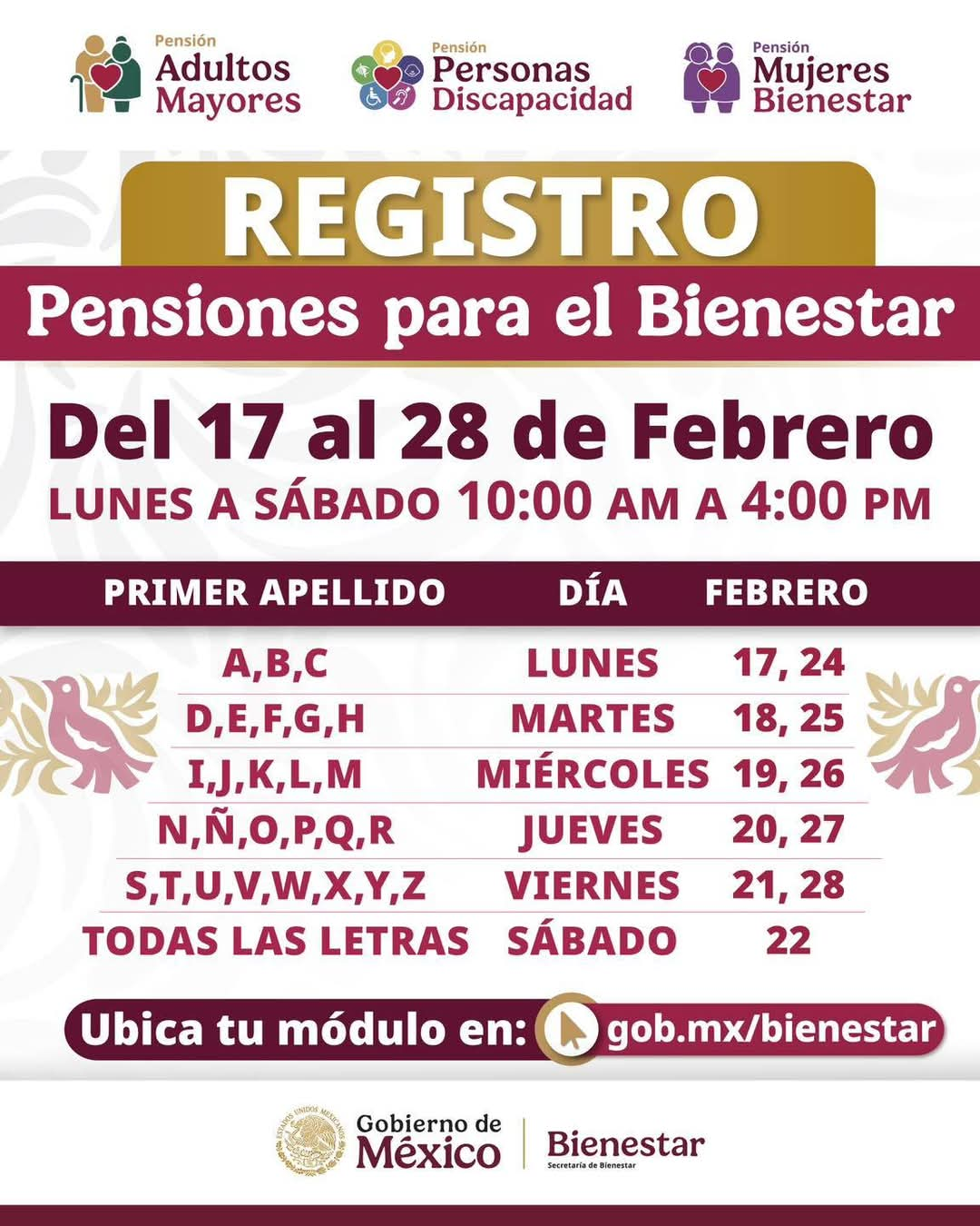 Flyer Registro Pensiones del Bienestar. Foto: Facebook Delegación de Programas para el Bienestar en Tamaulipas