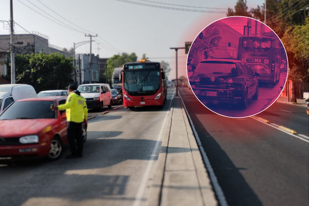 Carril exclusivo de Metrobús, carro invadiéndolo. Foto: X @MetrobusCDMX | @HistoriaNuevaMX | Canva