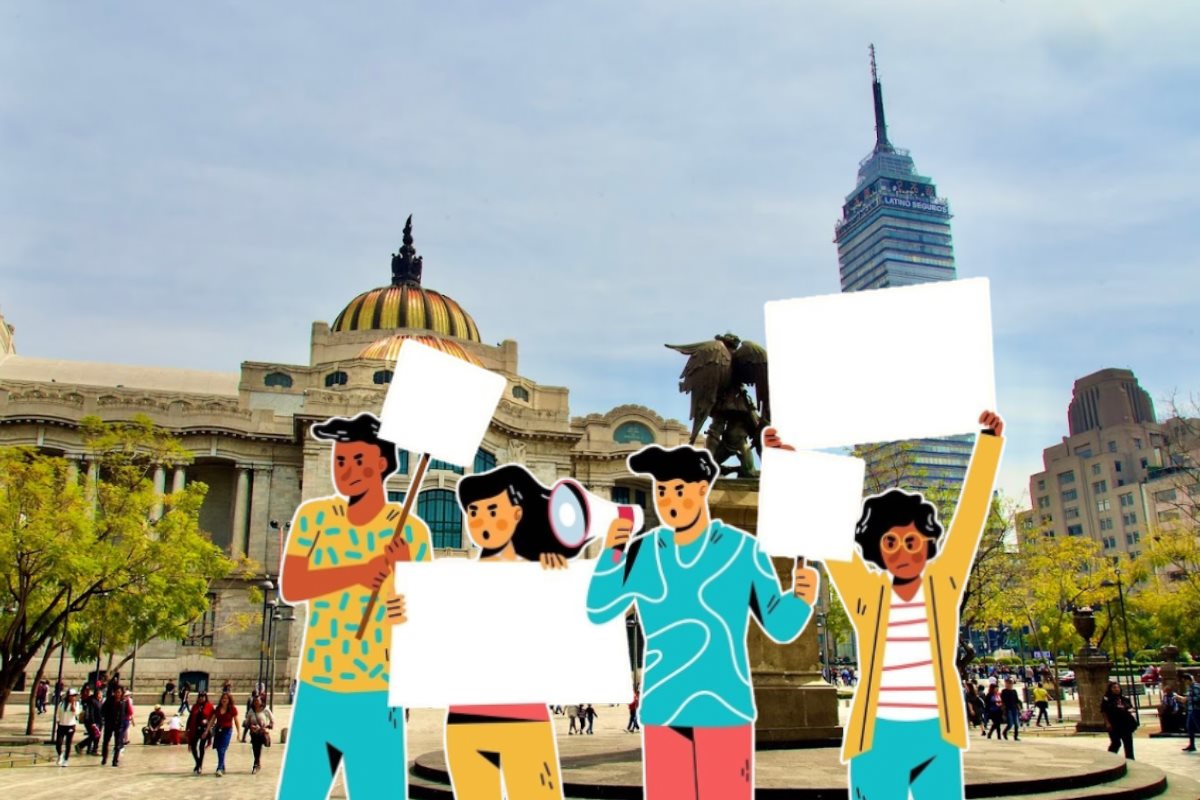 Palacio de Bellas Artes y Torre Latino al fondo con ilustración de manifestantes al frente.     Foto: Google Maps (Rafa Grimaldo) | Freepik | Canva