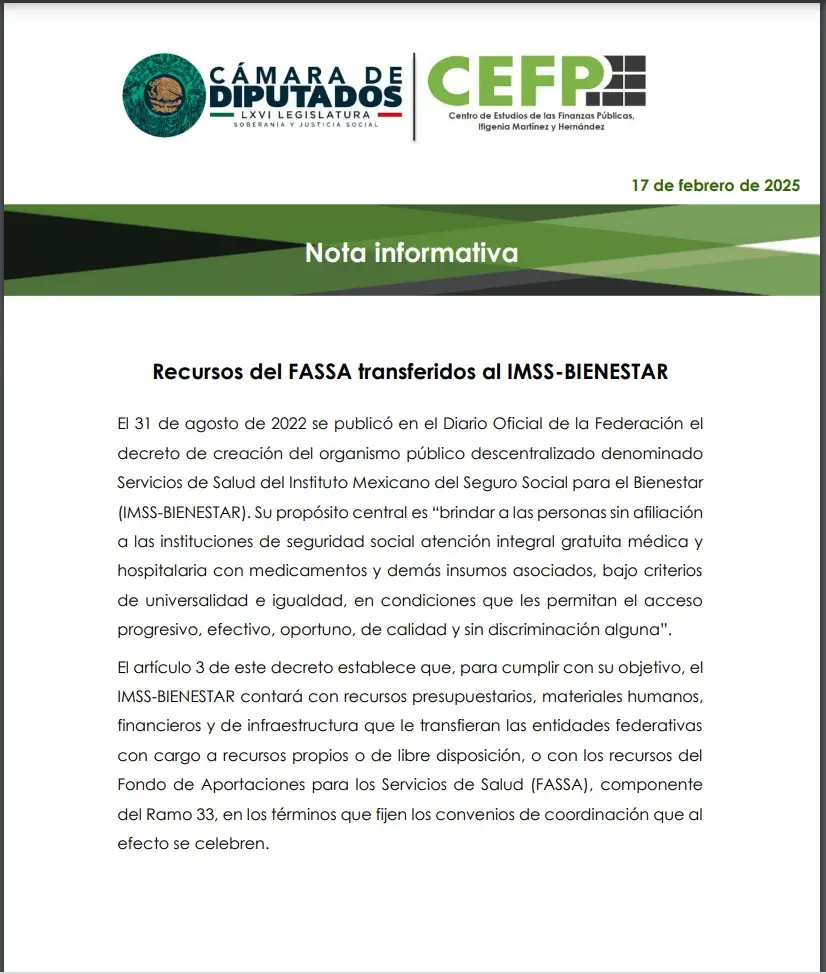 imagen recuadro Nota Informativa de los Recursos del FASSA transferidos al IMSS-BIENESTAR. Foto: