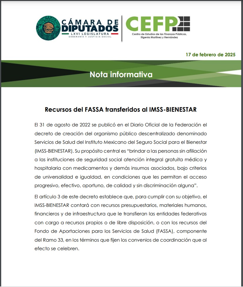 Nota Informativa de los Recursos del FASSA transferidos al IMSS-BIENESTAR. Foto: 