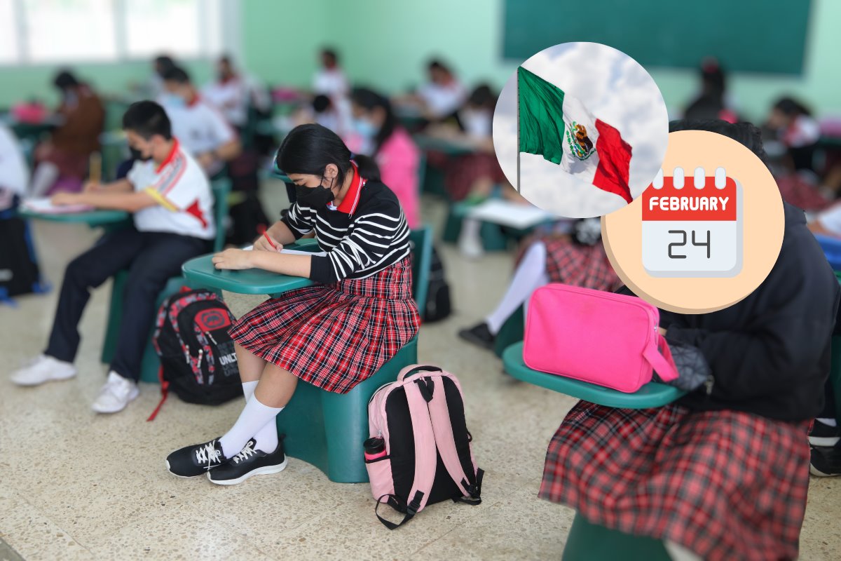 De fondo alumnos en salón de clases, bandera de México y calendario del 24 de febrero. Foto: Gobierno de México | Canva