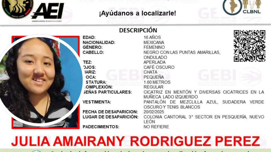 Colabora en la búsqueda de Julia Amairany Rodríguez Pérez, menor desaparecida en Pesquería