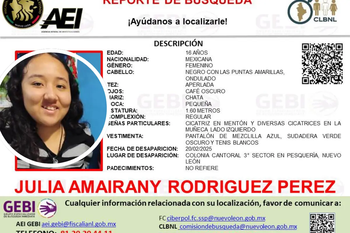 Ayuda a dar con el paradero de Julia Amairany Foto: facebook grupo GEBI