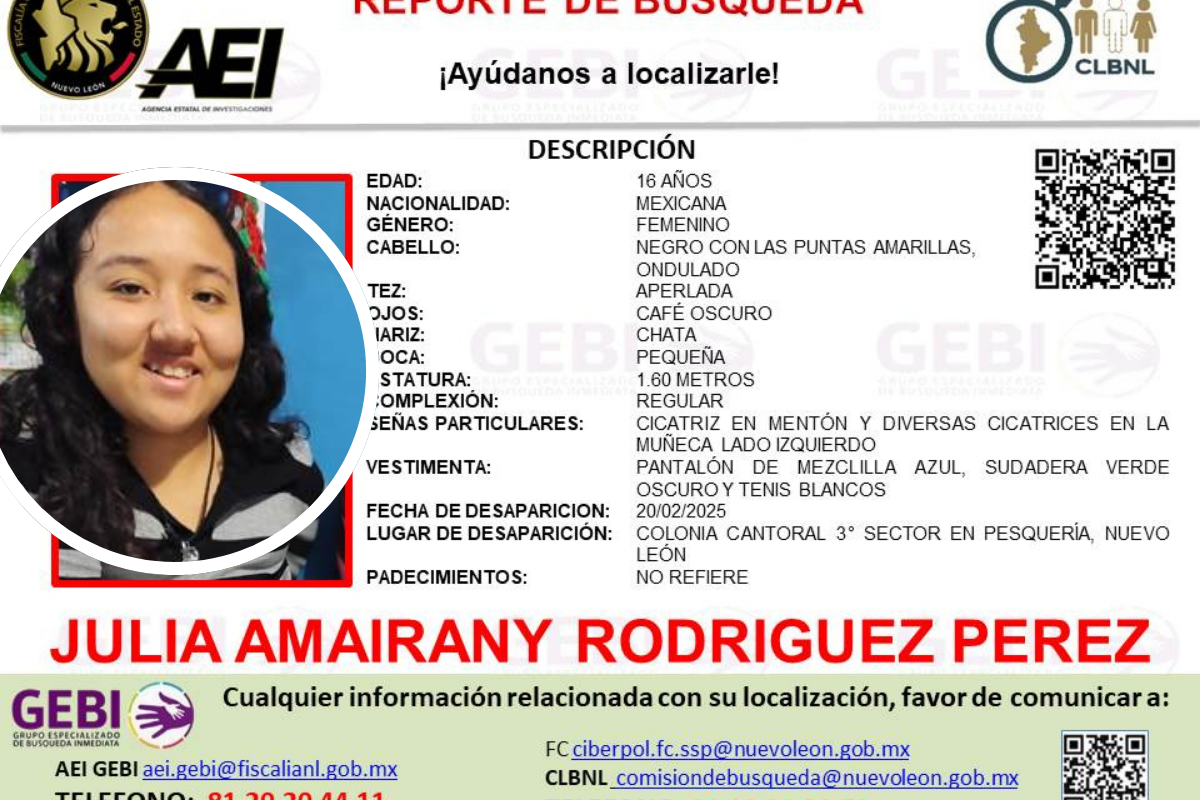 Colabora en la búsqueda de Julia Amairany Rodríguez Pérez, menor desaparecida en Pesquería