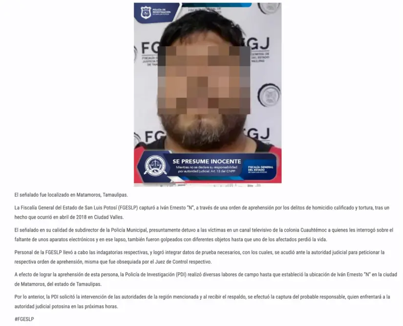 Detienen a ex subdirector de la Policía de Ciudad Valle; es acusado de homicidio y tortura. Foto: Fiscalía de San Luís