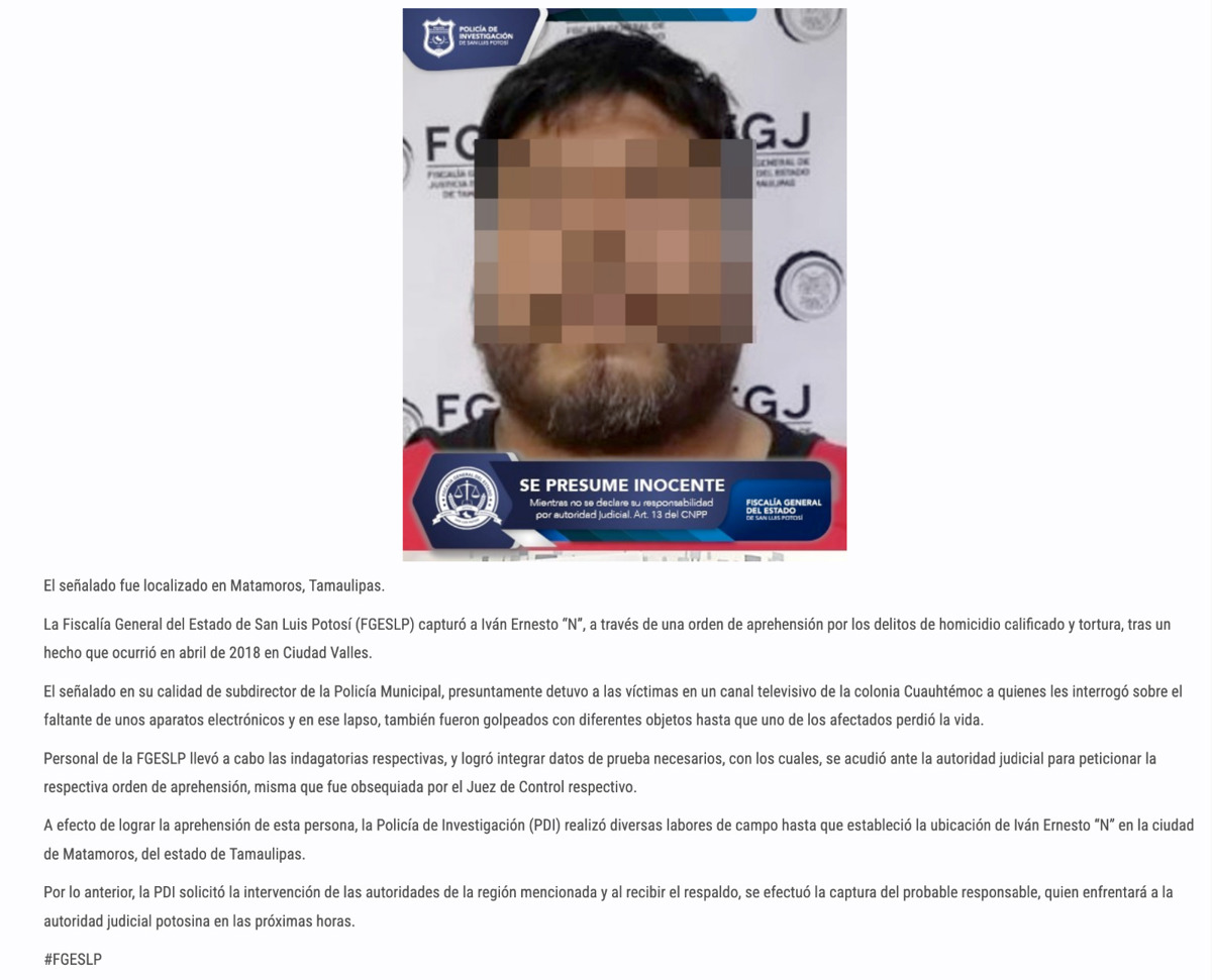 Detienen a ex subdirector de la Policía de Ciudad Valle; es acusado de homicidio y tortura. Foto: Fiscalía de San Luís