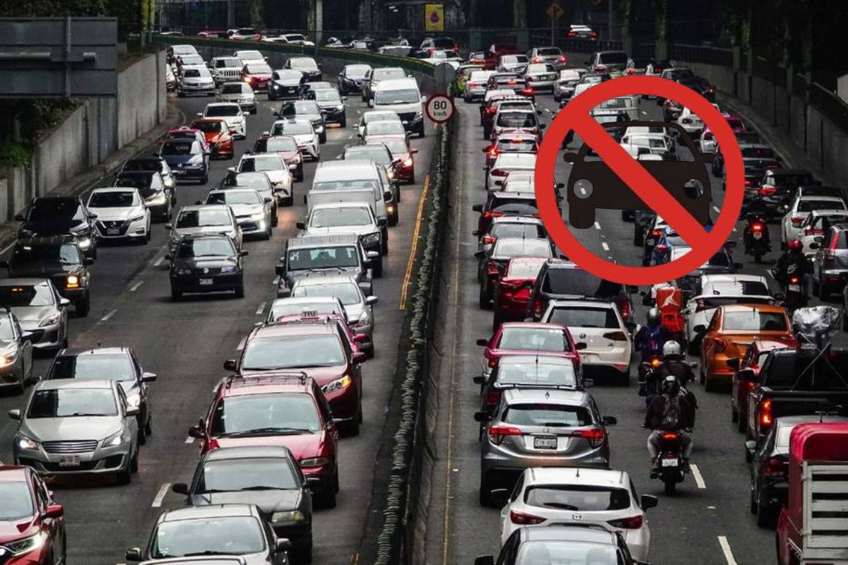 Trafico en CDMX y logo de restricción. Foto: Cd Secreta | Canva