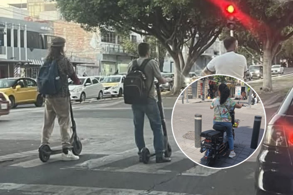 Personas sobre patines eléctricos ocupando espacio peatonal y en la parte inferior izquierda, una mujer sobre una bici eléctrica obstruyendo el paso de una banqueta.   X (@CriticodeLeon) | x (@Rata_Dentro) | Canva