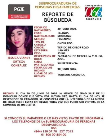 Ficha de búsqueda de Jessica en Coahuila / Foto: PGJE