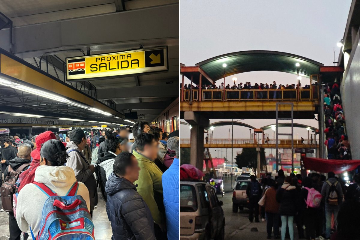 Del lado izquierdo, personas esperando entrar al tren y del lado derecho, personas esperando entrar a la estación del Metro en La Paz.   Foto: X (@AntonioBalOf) | X (@amtz1169923) |Canva