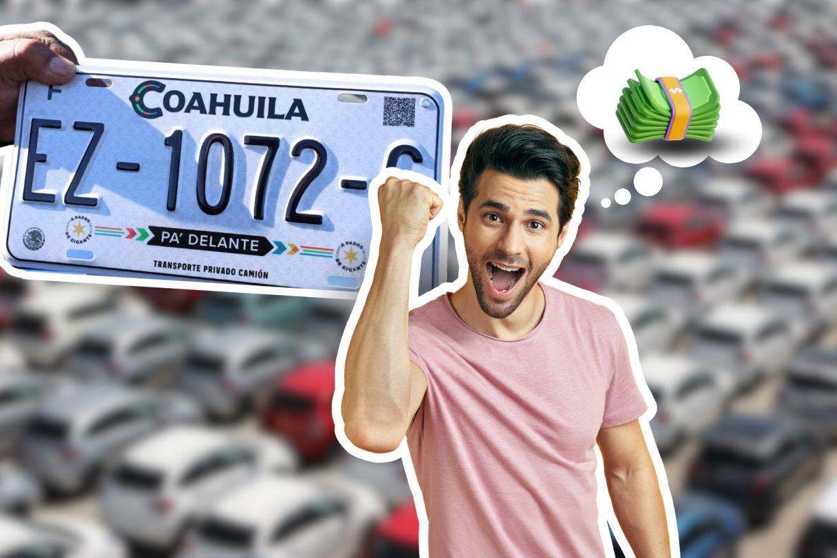 Hombre contento esperando el sorteo por el replaqueo 2025 / Fotos: Gobierno de Coahuila | Canva