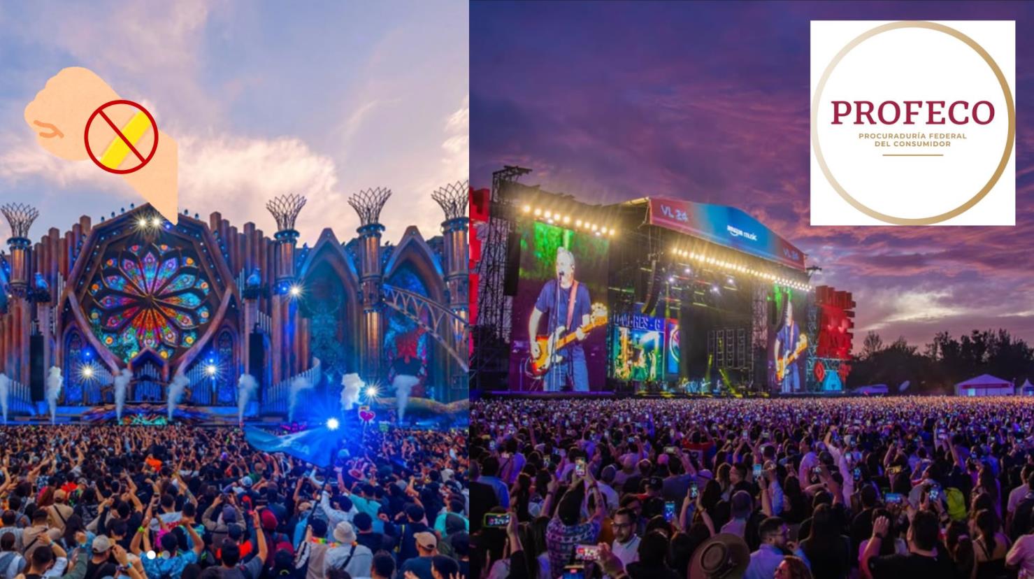 Festival EDC, Festival Vive Latino, logo de Profeco, pulsera y logo de prohibido I Foto: IG (@edc_mexico) (@vivelatino) I Canva)