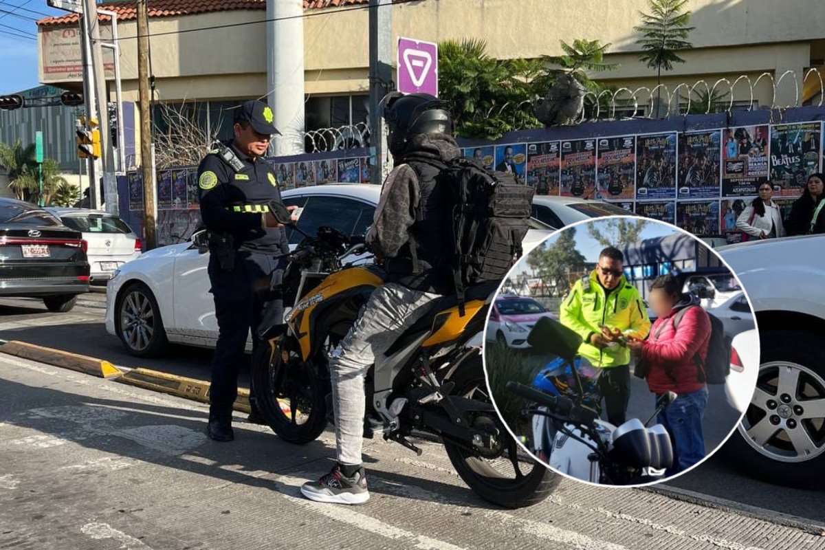 Policías de tránsito de CDMX deteniendo a motociclistas que cometieron una infracción.     Foto: X (@MetrobusCDMX) | Canva