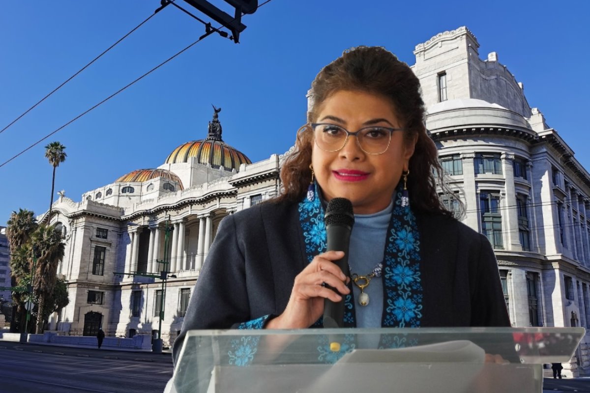 Clara Brugada frente al Palacio de Bellas Artes, donde fue agredida Donají, mujer trans comerciante.     Foto: X (@COPRED_CDMX) | Google Maps (Vlasta) | Canva