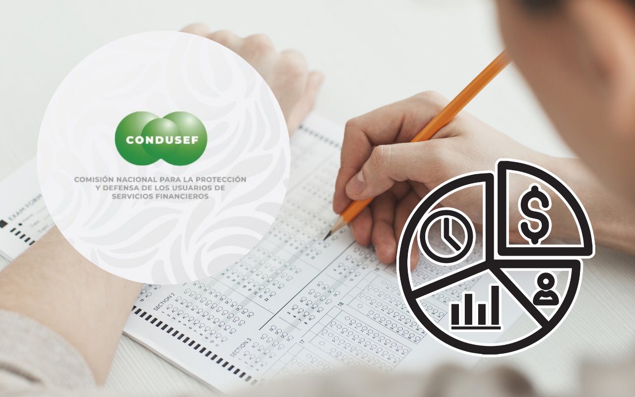 Logo de la Condusef, persona respondiendo un examen y dibujos relacionados con finanzas. Foto: Condusef / Canva