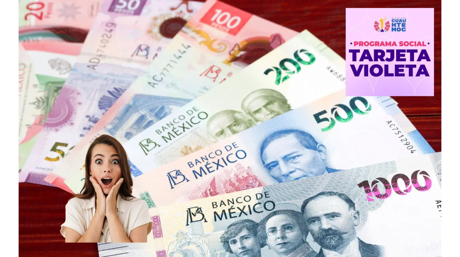 billetes sobre una mesa, mujer sorprendida, logo programa Tarjeta Violeta I Foto: Canva (@AlcCuauhtemocMx)