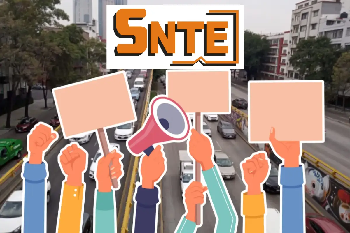 Av de CDMX y animación de manifestantes con logo del SNTE. Foto: Freepik y Wikimedia y Canva