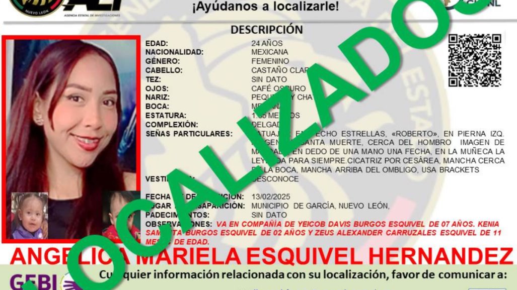 Localizan con vida a Angelica Mariela y a sus 3 hijos en García