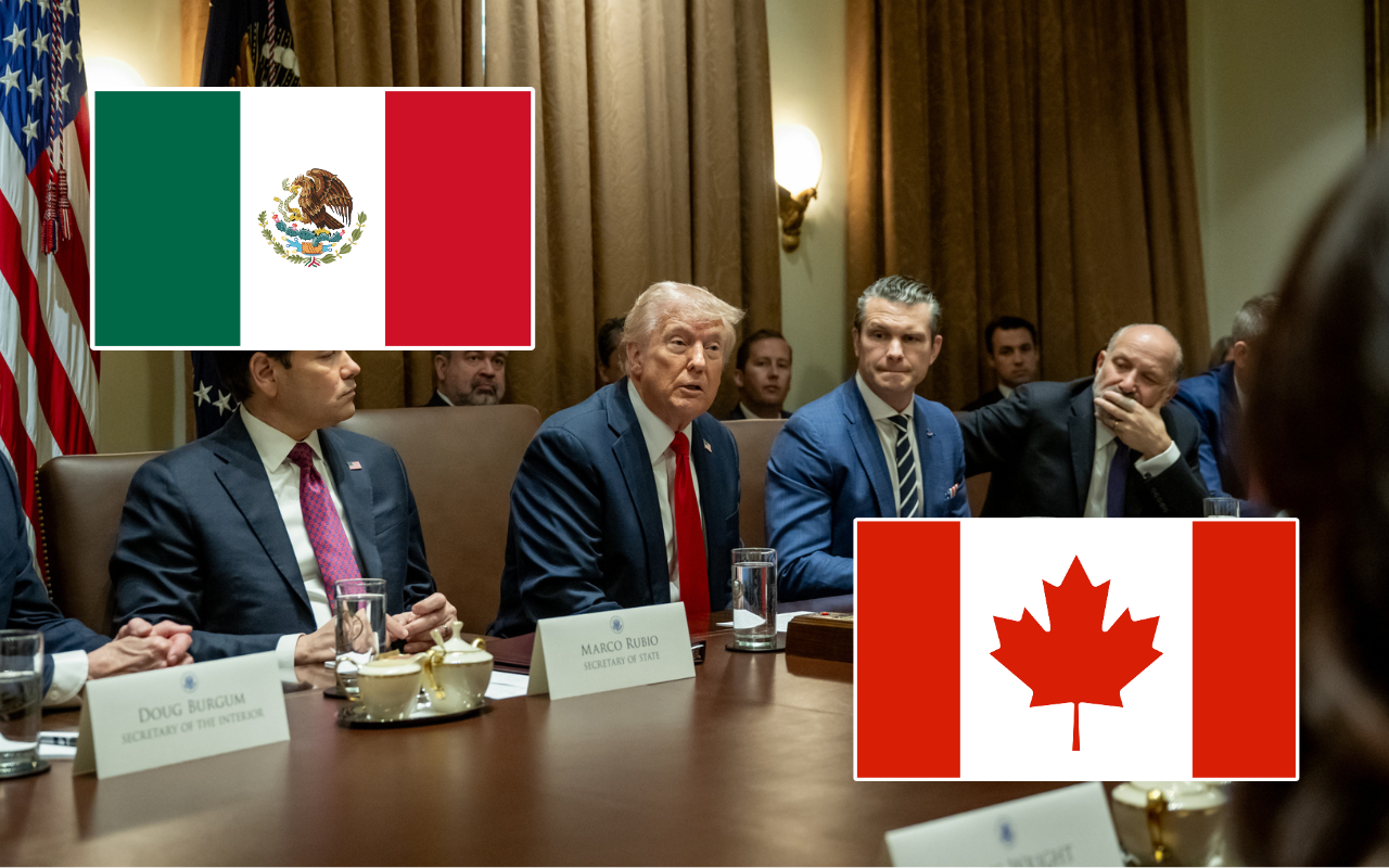 Donald Trump y banderas de México y Canadá. Foto: X (@POTUS)