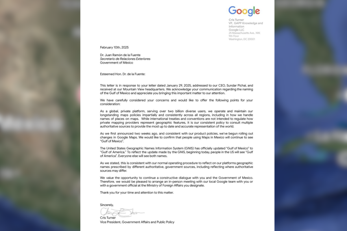 Respuesta de Google a la carta enviada por el secretario de Relaciones Exteriores, Juan Ramón de la Fuente. Foto: Google