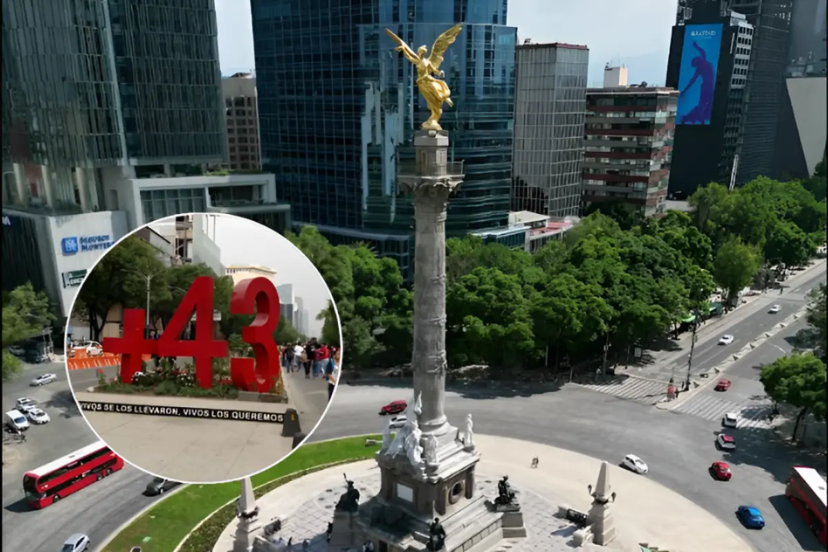 Ángel de la Independencia ubicado en Paseo de la Reforma con escultura de los 43 de Ayotzinapa. Foto: X (@SeGobCDMX) | Google Maps (Roberto Ramírez) | Canva