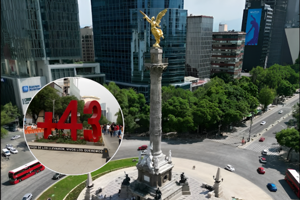 Ángel de la Independencia ubicado en Paseo de la Reforma con escultura de los 43 de Ayotzinapa.     Foto: X (@SeGobCDMX) | Google Maps (Roberto Ramírez) | Canva