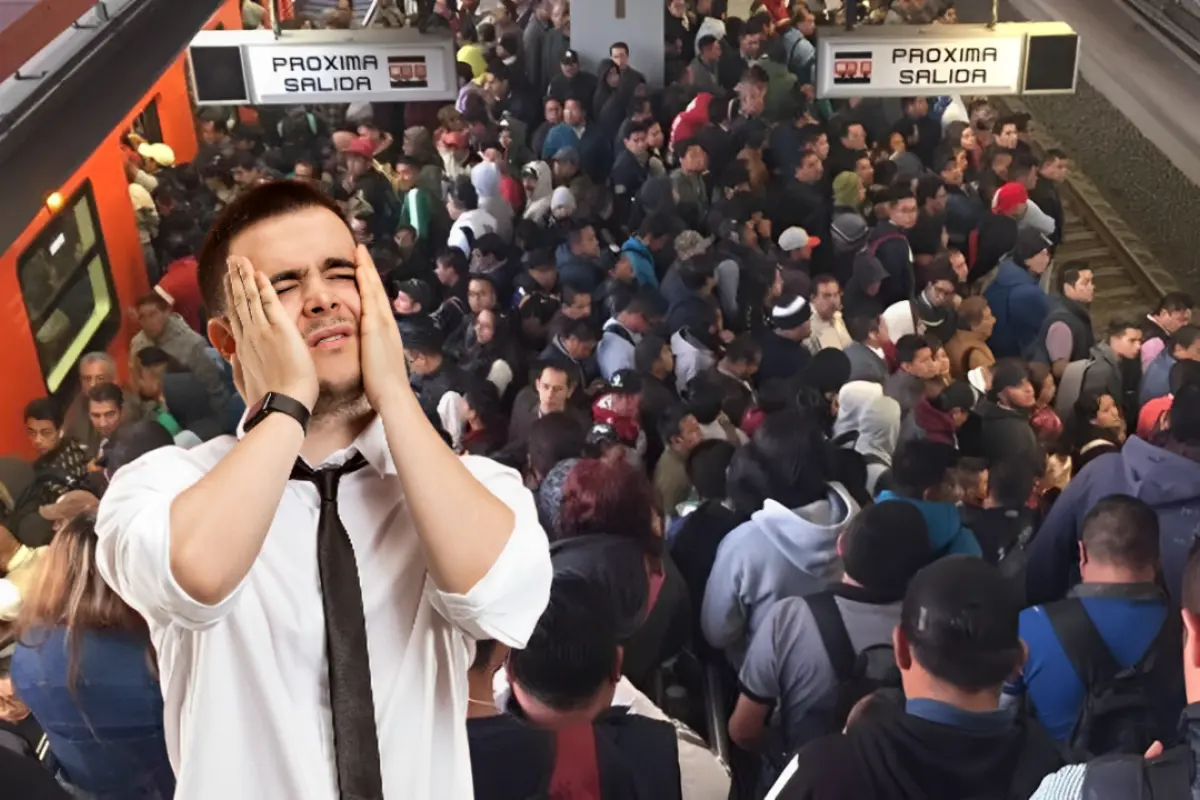 Estación del Metro de CDMX totalmente llena de personas y un hombre estresado al frente.   Foto: X (@CDMXMetro) | Freepik | Canva