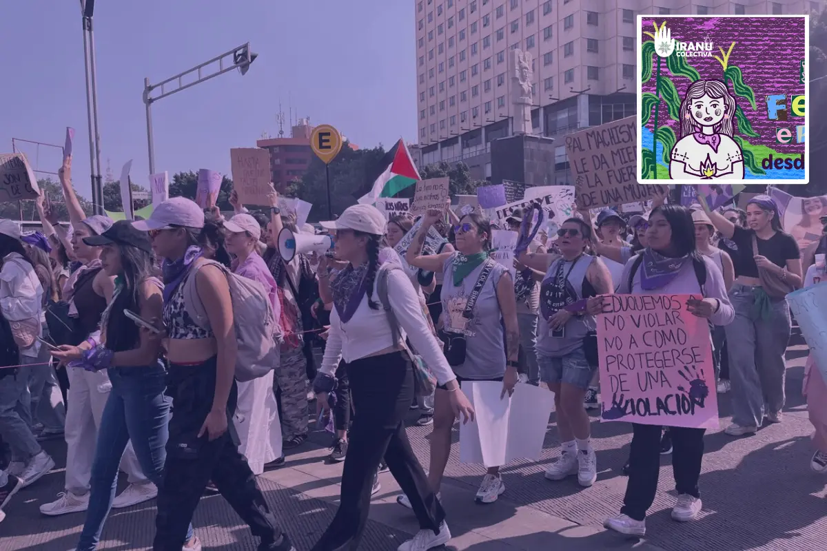 De fondo, mujeres en marcha del 8M, cartel del taller que dará colectivo feminista. Foto: Maureen Hernández | IG @iranucolectivo